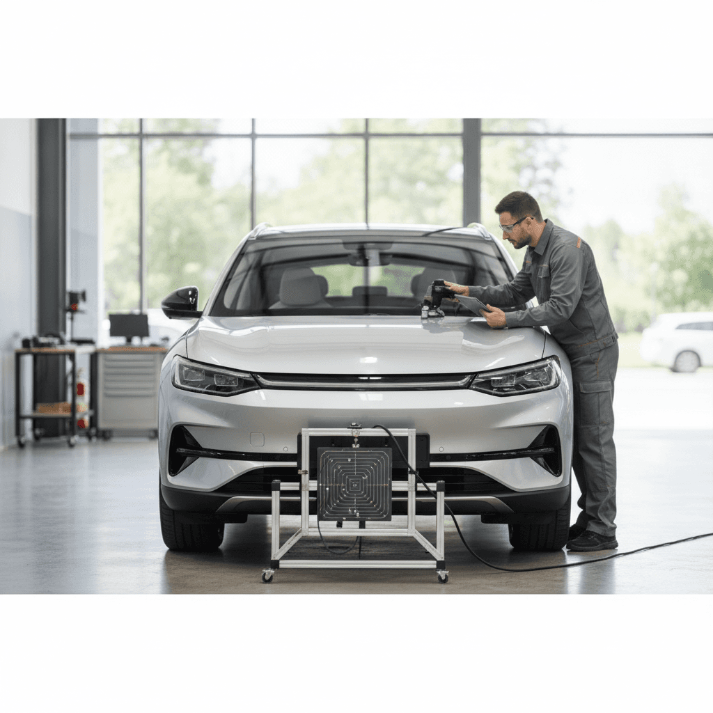 Un technicien automobile effectuant un calibrage ADAS sur le pare-brise d'une voiture à l'aide d'un équipement de diagnostic numérique et de cibles, soulignant la précision requise pour les systèmes d'aide à la conduite.