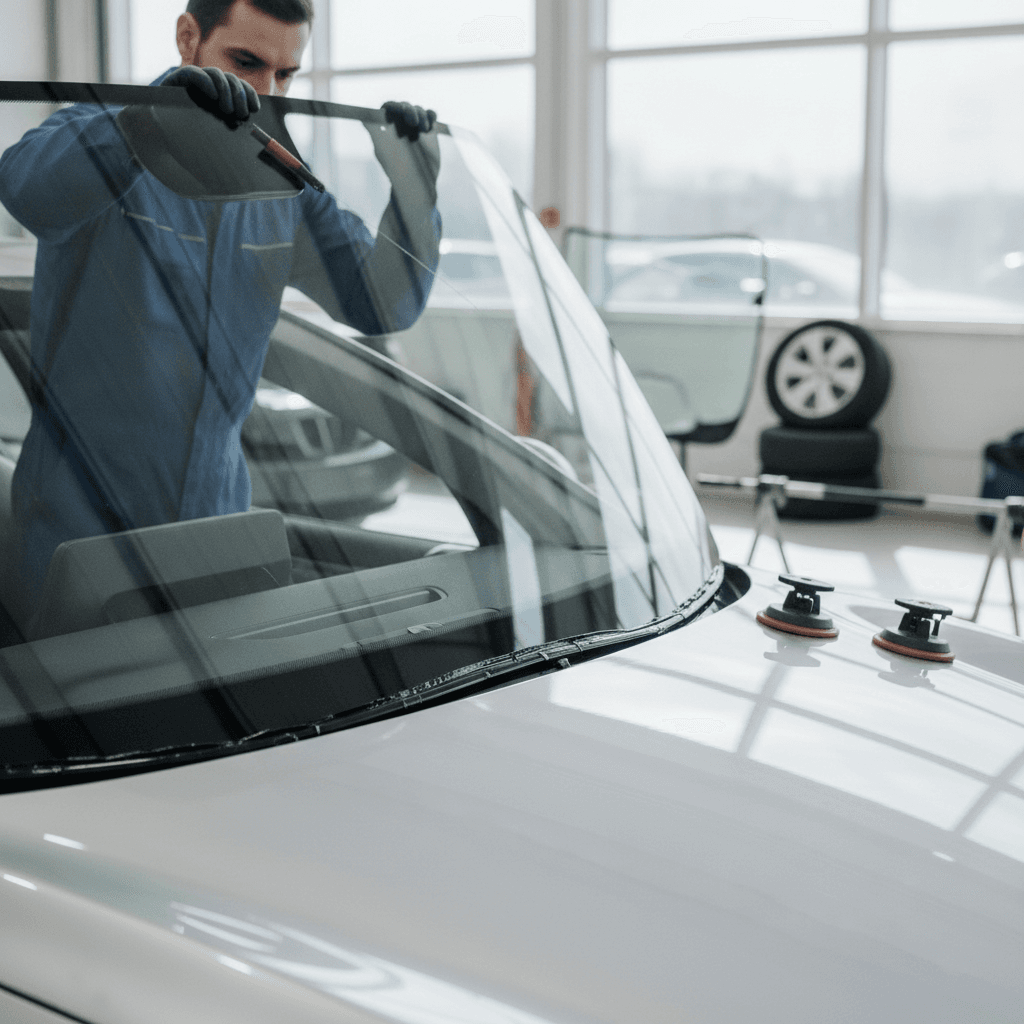 Un technicien certifié d'Offre Pare Brise remplaçant un pare-brise sur une voiture moderne, avec un paiement par carte bancaire en arrière-plan et un smartphone affichant la confirmation de l'offre de 200 euros.