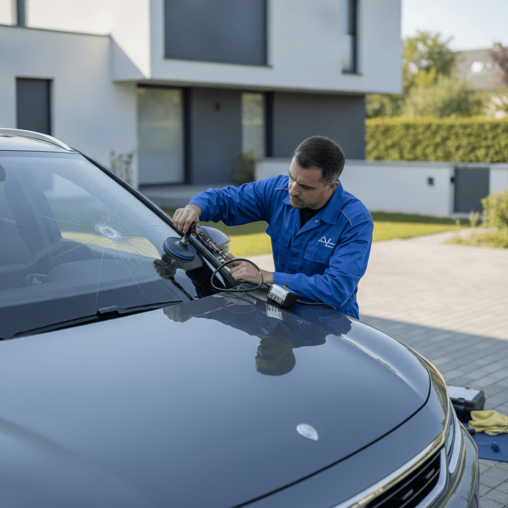 Un technicien Offre Pare Brise en tenue de travail, en train de réparer un impact sur le pare-brise d'une voiture, garée en extérieur. Il tient un outil d'injection de résine.