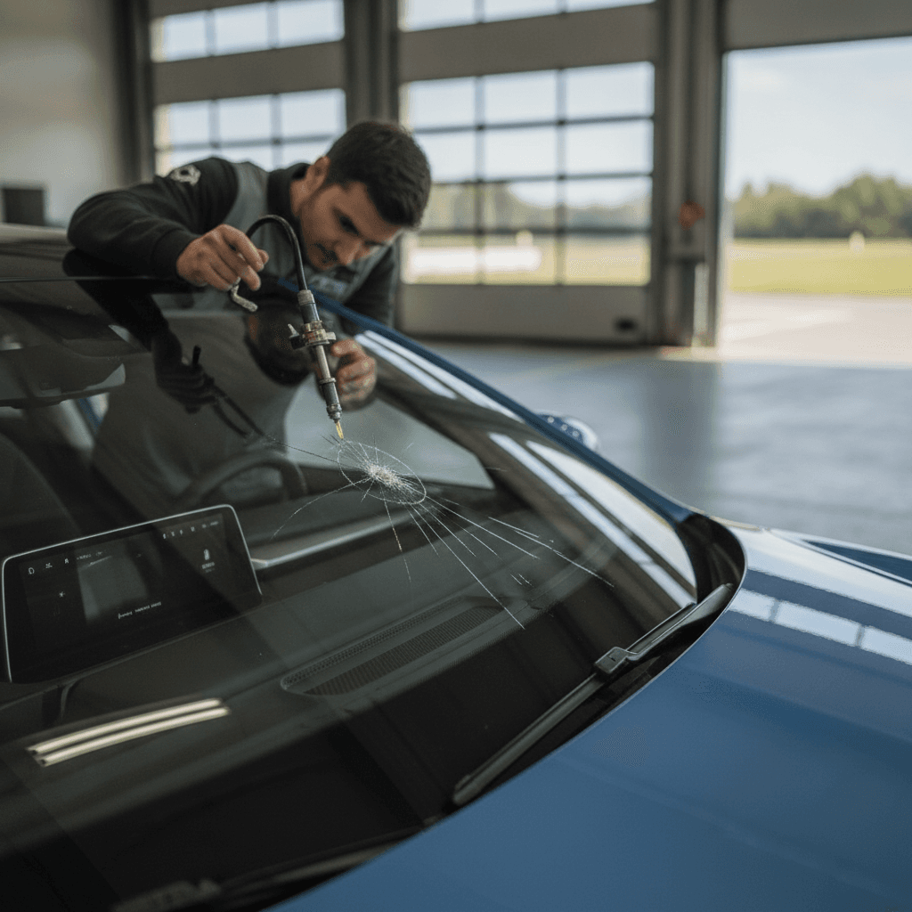 Gros plan sur un technicien expert en vitrage automobile réparant un impact sur un pare-brise de voiture à l'aide d'un injecteur de résine et d'une lampe UV, avec un pare-brise propre et un fond flou de véhicule.