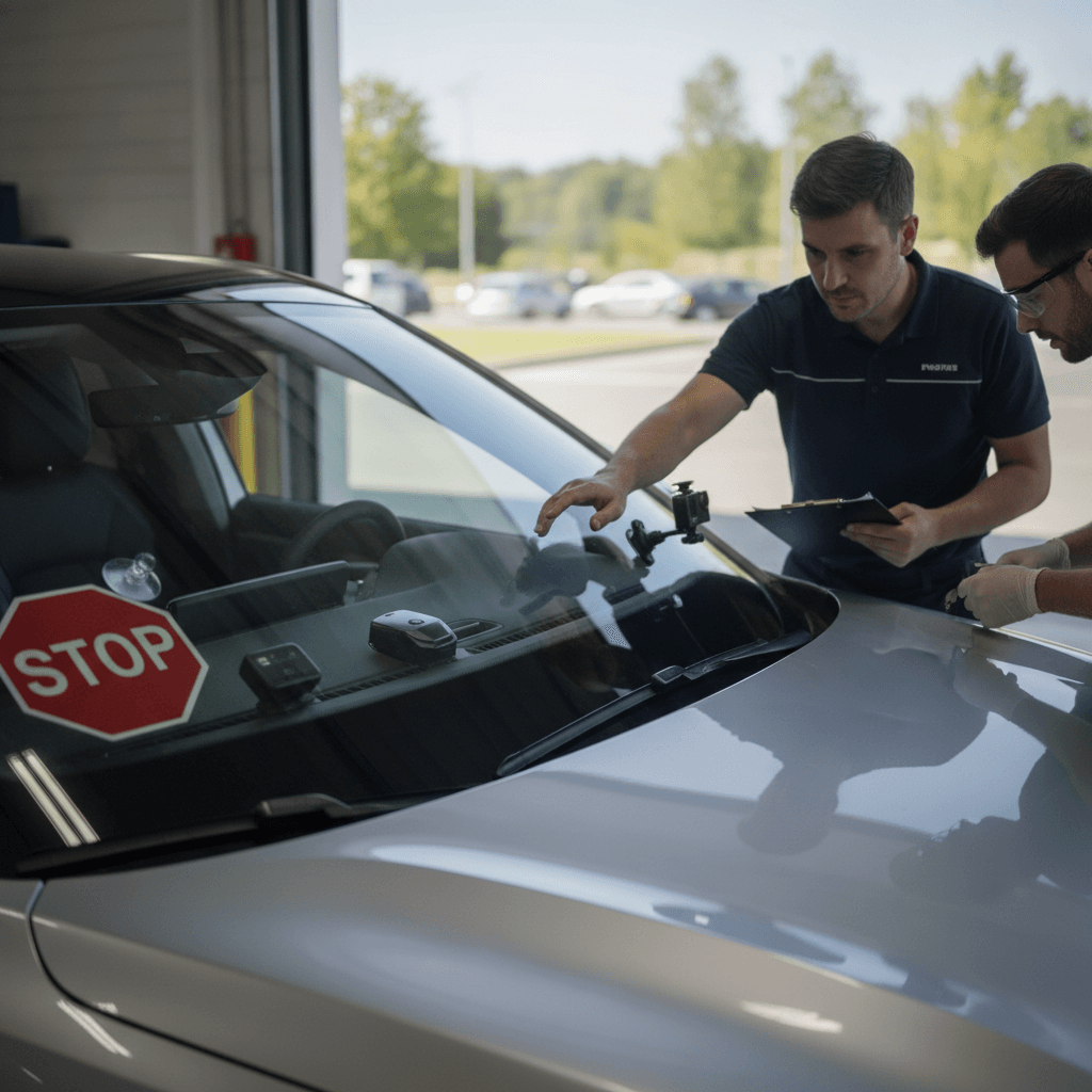 Un automobiliste ajustant un GPS à ventouse sur un pare-brise de voiture, avec un badge télépéage déjà fixé près du rétroviseur central. L'image montre des accessoires fixés sur le verre.