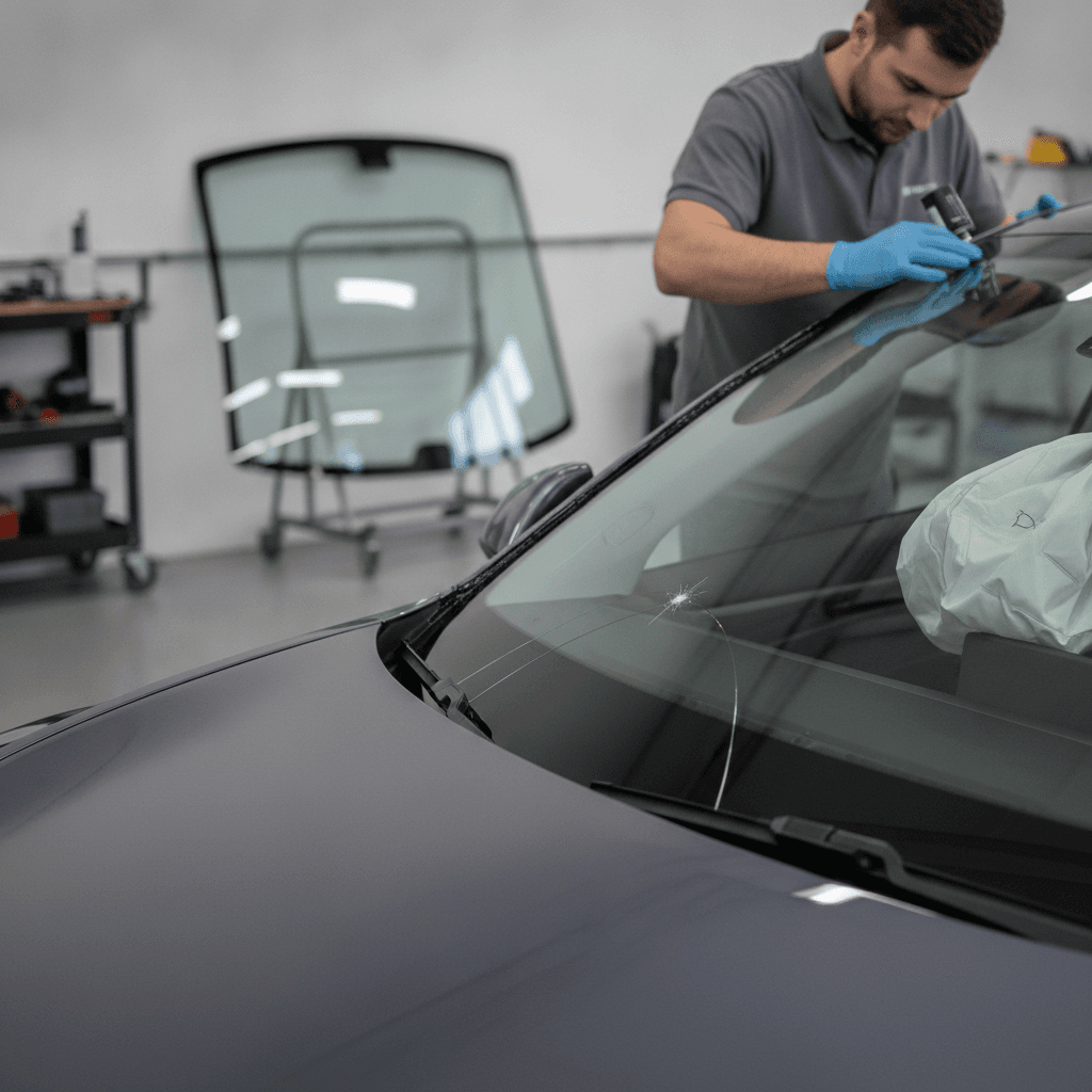 Un airbag passager se déployant à l'intérieur d'une voiture, rebondissant sur le pare-brise qui reste solidement collé à la carrosserie du véhicule.