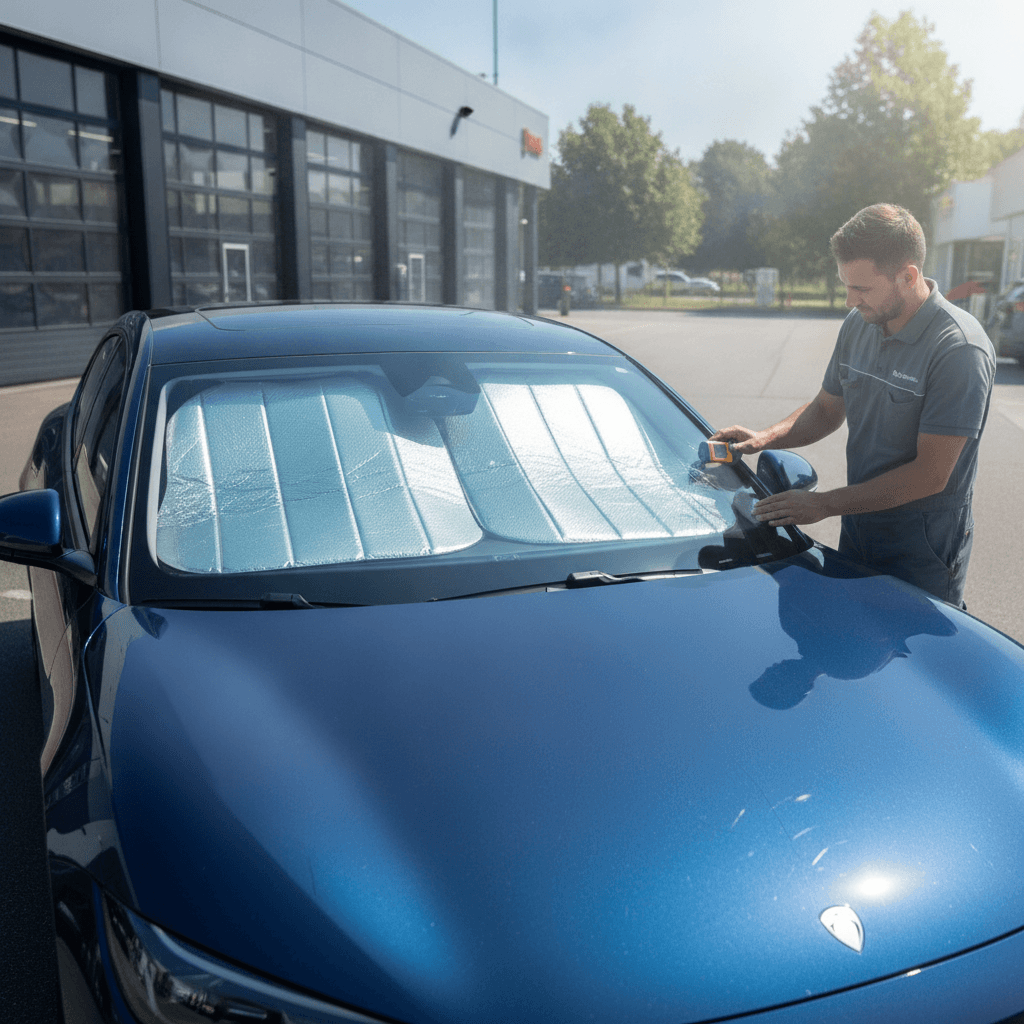 Un pare-brise de voiture exposé au soleil, avec une fissure visible, symbolisant le danger du choc thermique avec la climatisation.