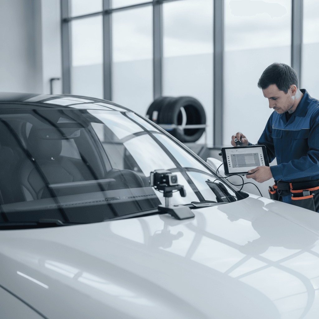 Caméra frontale de pare-brise et capteurs ADAS visiblement intégrés derrière le rétroviseur intérieur d'une voiture moderne, vue de l'intérieur.