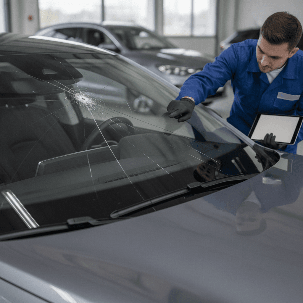 Gros plan sur un pare-brise de voiture avec une fissure visible, un technicien en uniforme vérifiant l'état du vitrage.