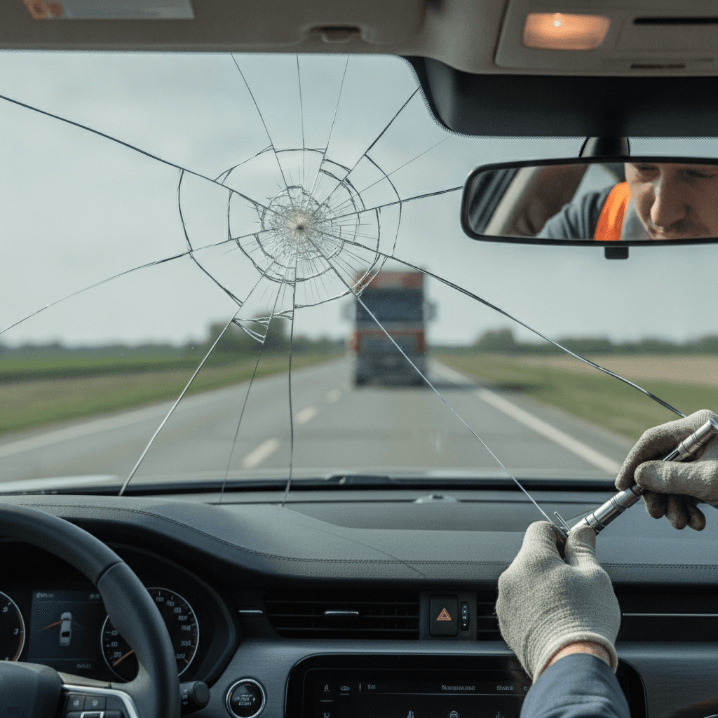 Pare-brise d'une voiture moderne avec un petit impact visible directement devant le volant du conducteur, symbolisant la "Zone A" de visibilité critique.
