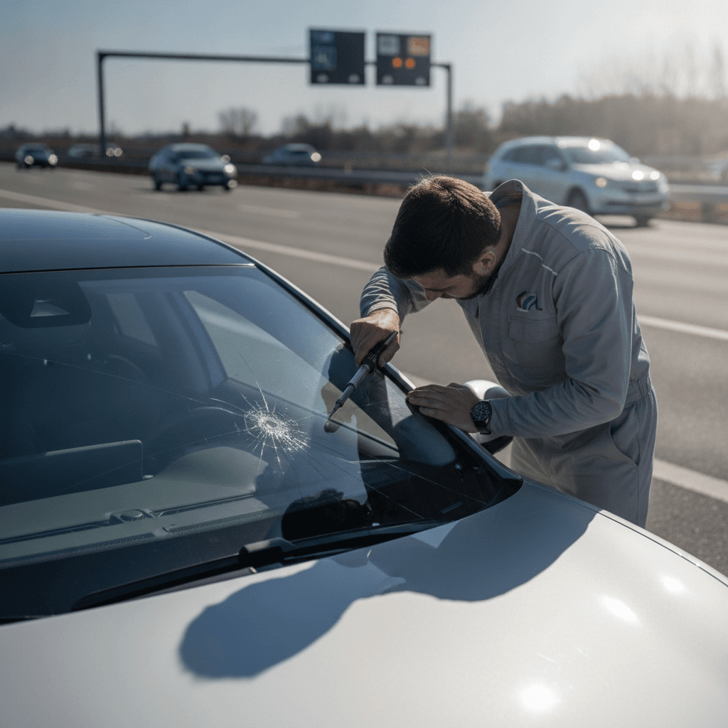 Un pare-brise de voiture avec un impact, vu à travers la vitre, avec une route d'autoroute et des champs en arrière-plan, symbolisant le dilemme avant le départ en vacances.