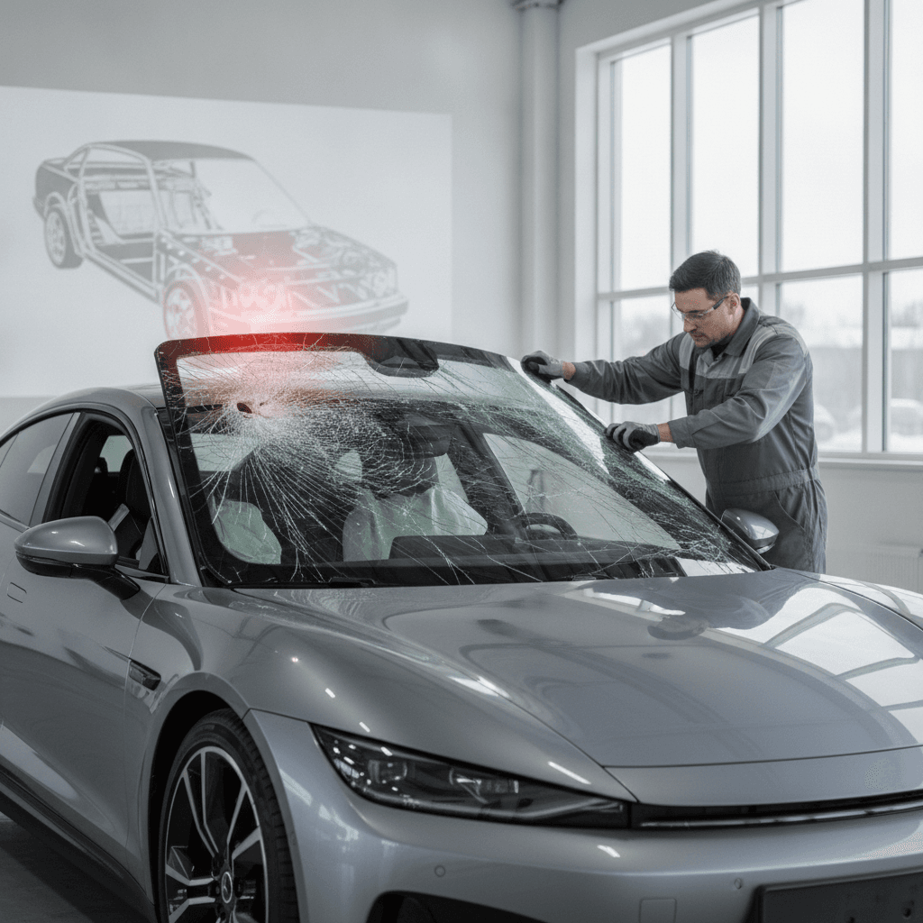 Vue rapprochée d'un pare-brise de voiture, avec un focus sur la solidité du verre et le joint de fixation, symbolisant son rôle structurel dans la sécurité du véhicule.