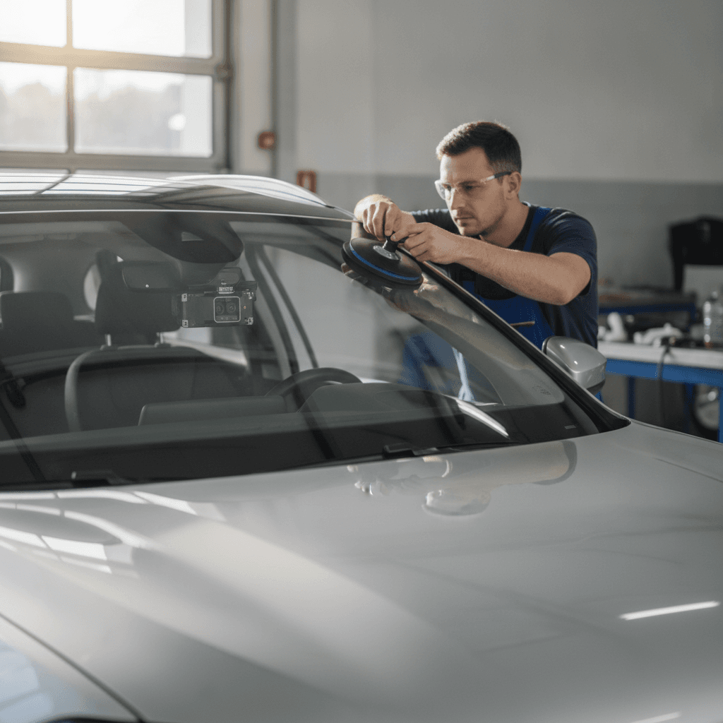 Un technicien automobile examine un pare-brise, montrant la différence entre un pare-brise avec le logo du constructeur automobile (origine) et un pare-brise sans (adaptable), avec des symboles ADAS et HUD en arrière-plan.