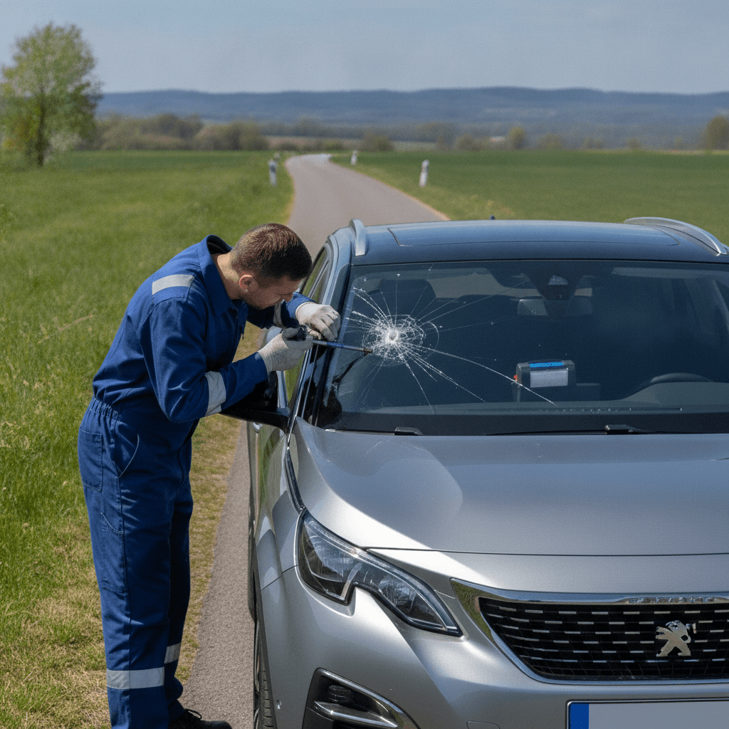 Gros plan sur un impact de gravillon sur un pare-brise automobile, avec une pastille de protection transparente collée dessus pour empêcher l'humidité et la saleté de pénétrer.