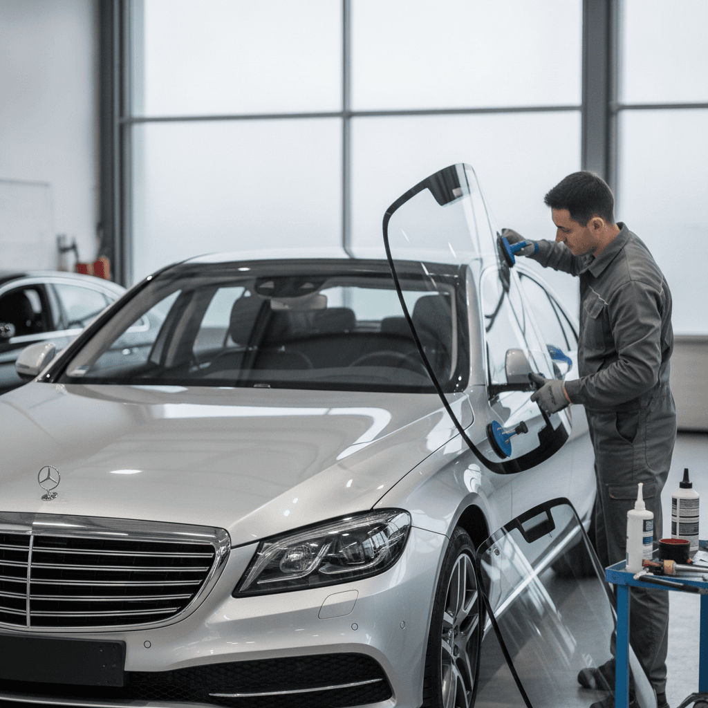 Gros plan sur le marquage d'un pare-brise, avec un doigt pointant vers le logo du constructeur automobile et les chiffres d'homologation.